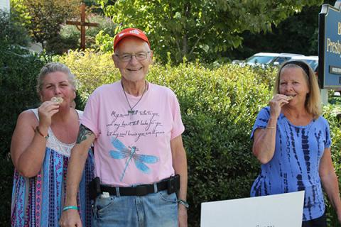 Sam Brandt is called “Sam, the cookie man” at The Giving Spoon for the cookies he bakes and donates. From left is Janet Carter, Sam Brandt and Maureen Murphy. 