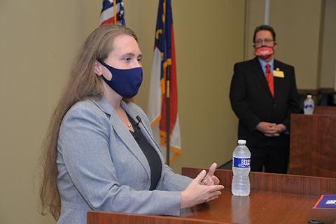 Victoria Fox (left) and Kevin Corbin discussed a wide range of issues during their Oct. 22 debate at Southwestern Community College in Sylva. 