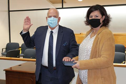 Roger Parsons swore an oath of office for his next term on the Swain County Board of Commissioners on Monday. He’s pictured with his wife, Ginger Parsons. 