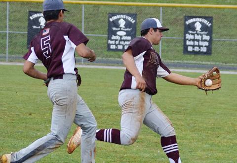 From left are Maroon Devils Damian Lossiah (5) and Carson Taylor (22), who catches the ball. 