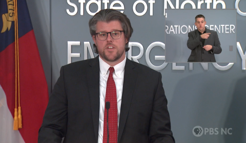 Incoming NCDHHS Secretary Kody Kinsley speaks at the press briefing.