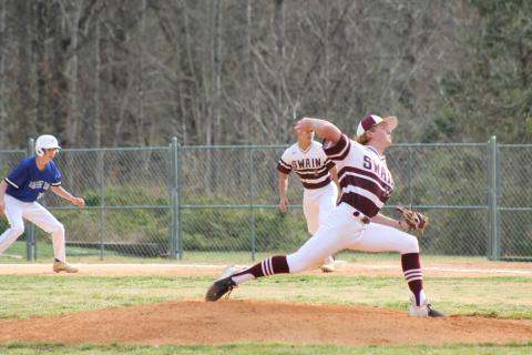 Photo by Hannah Styles/SMT Junior Ronnie Griggs pitches in the win against Hiwassee Dam at the home game last week.