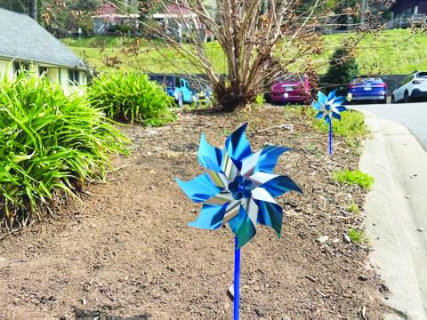 Swain County Department of Social Services lines driveway with blue pinwheels for Child Abuse Awareness month.