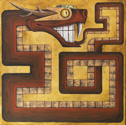Pictured is Ouroboros Uk’tena, an acrylic on canvas by John Henry Gloyne (Eastern Band of Cherokee Indians, Pawnee Nation, Osage Nation). It is one of many original pieces by Cherokee artists to be on display as part of the show Disruption at the museum. 