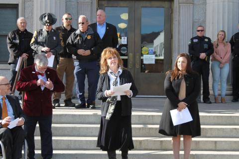 Photo by Hannah Styles/SMT WNC Regional DWI Task Force’s Ellen Pitt speaks at Monday’s press conference raising awareness for “Blue Wednesday,” where officers across WNC will be out at 6 p.m. with blue lights on at locations where someone was killed or seriously injured in a DWI involved accident.