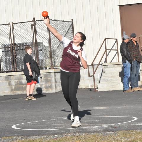 Lady Devil Carly Teesateskie qualified for the NCHSAA Indoor State Meet with this shotput throw. Photo by Joanna McMahan/Swain Schools