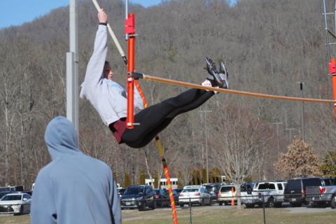 Swain County's Alden Thomas pole vaults at the SMC Indoor Championships