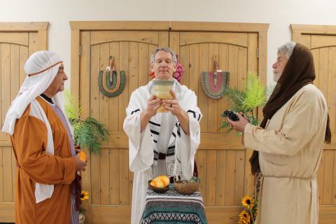 Pictured, from left is Ken Graham as Bartholomew, Pastor Wayne Deckert as Jesus and Ken Jones as Little John, in a preview of the live Last Supper the community is invited to attend and participate in on Thursday, April 6 in the fellowship hall of the Bryson City Methodist Church beginning at 6 p.m.
