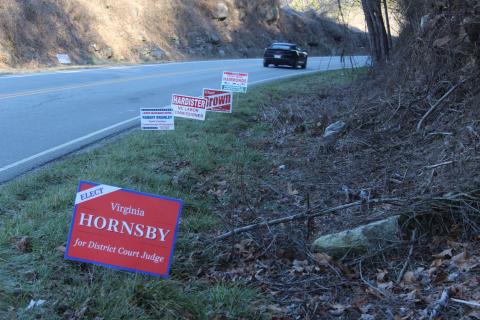 Election signs dot the side of Highway 19 South across from the Board of Elections Office. 