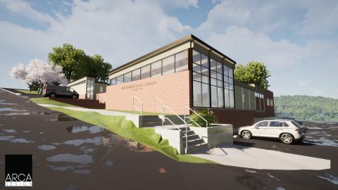Marianna Black Library Campaign Planning Committee has just released updated design plans for the expansion and renovation of the building. Above is a corner street view of the library, where the new community room is front and center. It will have its own entrance, bathroom and prep kitchen. 