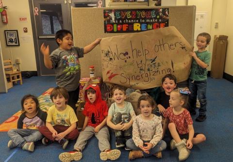 Members of the Student Lighthouse Leadership Group at Bright Adventures Pre-K put together all the goodies that students and families brought in for residents at Mountain View Manor. The Bright Adventures Service Learning Action Team helped students with this project. The students were excited about how well the school worked together to help some important people in our community. They learned that by SYNERGIZING they can do amazing things! Pictured: Sara Echeverria, David Ledford, Brantley Ensley, Jack St