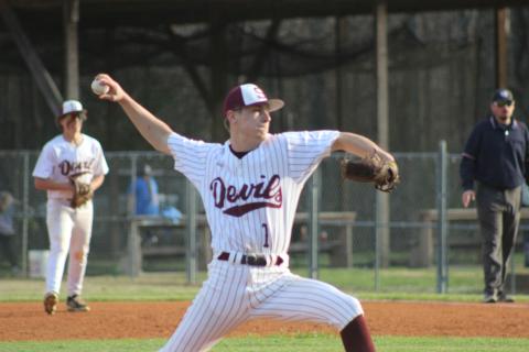 Senior Bradyn Ruais winds up for a throw at the home game played against the Robbinsville Black Knights on Monday, March 25. 