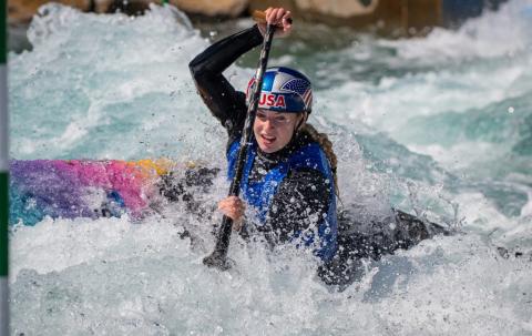 Photo by Marc Hunt / 2024 U.S. Olympic Team Trials, Montgomery, AL Evy Leibfarth, of Swain County, earned the bronze medal in women's canoe slalom WC-1.