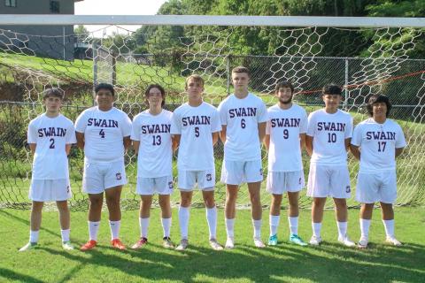 The Swain High School Maroon Devils soccer team recognized its seniors at the Monday night game. This year’s seniors are, from left: Clayton Shuler, James Sanchez, Maclane Whorton, Brendan Lanning, Mason Moore, Max Wilmot, Edwin Lezama and Oliver Reyes. Not pictured: Andrae Aguilera.