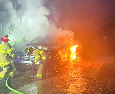 Firefighters prevented the flames of a car fire from threatening the house it was parked next to.