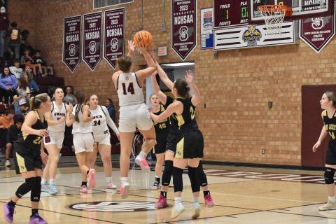 Lady Devil Molleigh Woodard, junior, makes good on a three-point shot in the home game last Friday.
