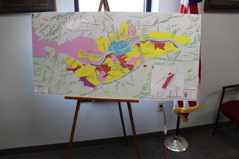 You can view a draft map of Bryson City that designates land parcels into districts as part of a Unified Development Ordinance to be adopted into law by visiting Bryson City Town Hall. Yellow is residential, blue is downtown, red is commercial, purple is industrial and pink is specialty.