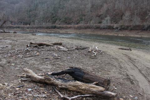 Piled up wood storm debris fills the exposed riverbed next to the 288 boat ramp. 