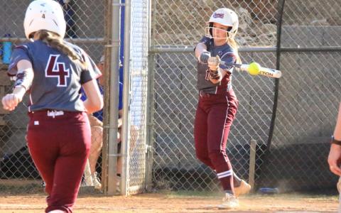 Photo/Debbie Winchester.  Molleigh Woodard tied Hiwassee Dam with this double to left field that scored Reese Ammons in the 7th inning at Hiwassee Dam on March 14.