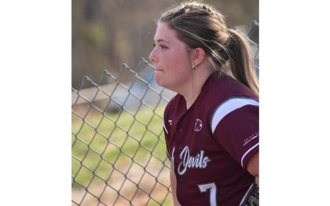 Photo/Joanna McMahan.  Rylee Rawls, junior, reflects on win and reaching 400 career strikeouts against Tuscola Thursday, March 27.  