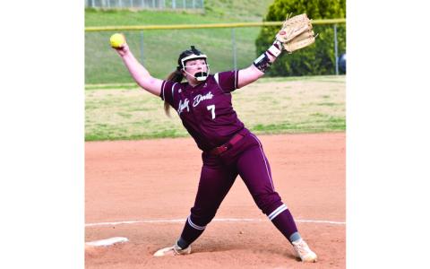 Photo/ Joanna McMahan.  Rylee Rawls pitches against Tuscola on the Lady Devils mound Thursday, March 27, earning her 400th career strikeout.