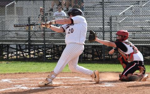 Photo /Joanna McMahan.  Ayden Smiley hits a home run during a home game against Andrews Friday, April 4. The Maroon Devil baseball team won both games in the home-and-away series with Andrews, winning 7-3 at Andrews and 6-2 at home.