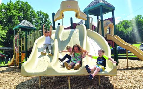 SMT photo/Sara Eisinger.  Cayden (left to right), James, Snow and Ares play together at the park Sunday. 