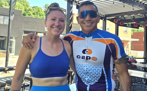 SMT photo/Sara Eisinger.  Katelynn Ledford-McCoy stands by husband Kallup McCoy’s side through his 3,000-mile intercontinental run from San Diego to Wilmington Sunday, June 8. McCoy finished the run on Memorial Day.   