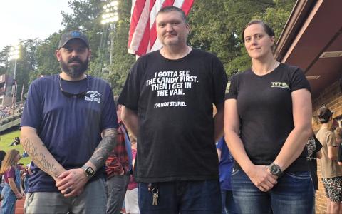 SMT photo/Sara Eisinger.  Veterans Eric LaPlante, John Parris and Alex Parris remember 9/11 at a Friday night football game at Swain High School Friday, Sept. 5. 