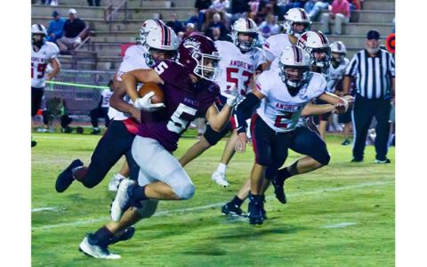 Photos/George Musil.   Running back Sylas Stanberry (5)  carries the ball down field. 