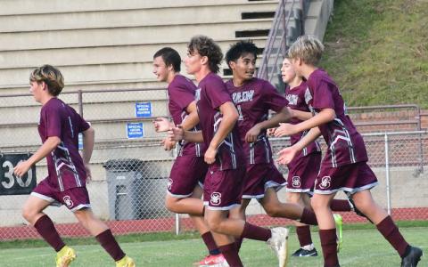 Submitted photo. The team celebrates a goal as Yuriel De La Cruz #11 scored a PK against Blue Ridge.