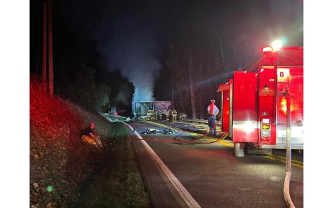 Submitted photo.  West Swain Volunteer Fire Department fights flames rising from a tractor trailer in the Nantahala Gorge Nov. 1, 2024. 