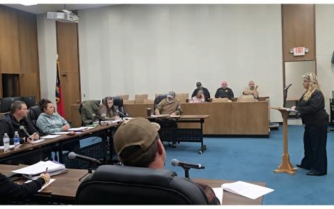 SMT photo/Sara Eisinger.  Beth Cline, P.A.W.S. Animal Shelter director, addresses commissioners with concerns Dec. 4.