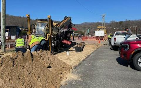 Photo/Nate Bowe.  The Town of Bryson City is working on various capital projects to improve pedestrian safety, water distribution and sewer collection systems to include current waterline installation near Slope Street Feb. 11.