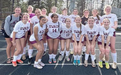 Submitted photo. Swain varsity soccer players Caroline Freshour (front, left to right), Julianna Meraz-Quijada, Khloe French, Jolee Stephens, Kyndall Norton, Audrey Monteith and Ellie Norton; (back, left to right) Tessa Philips, Heidi Ammann, Betsy Marley, McKena Marple, Marie Stoltzfus, Erica Moore, Addison Smith, Natasha Bentley, Khloe Chapman and Joylyn Stillman start the season in March 2026.