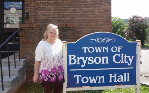Photo submitted - Newly appointed Bryson City Town Manager Lynn Thomas stands outside Town Hall June 12.