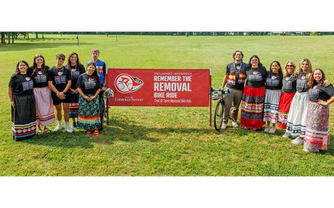  (L-R): Ella Mounce, Adrian Gaches, Jaden Carroll, Adrienne Keene, Kristen Mankiller, Dugan Gibson, Colton Brinsfield, Jaycee Gideon, Taylor Pearce, Secretary of Natural Resources Christina Justice, Ashley Adair and Savannah Slayton. 