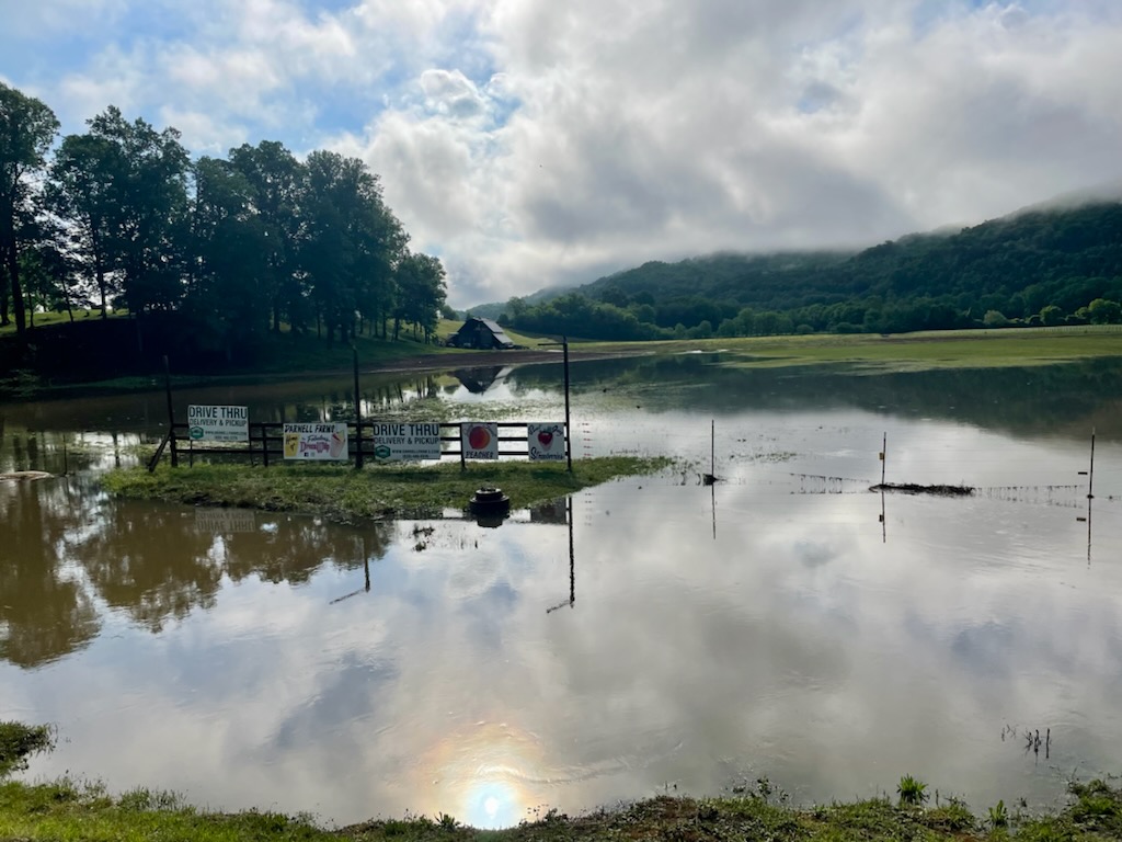 The Tuckasegee River rose above flood levels overnight Thursday. Low-lying areas saw some flooding, including Darnell Farms, where a field appears more like a lake on Friday morning. 