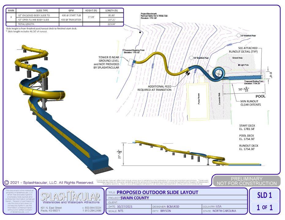 A new water slide that will be 223-feet long is planned for Swain County Recreation Park pool area.Credit: Splashtacular drawing