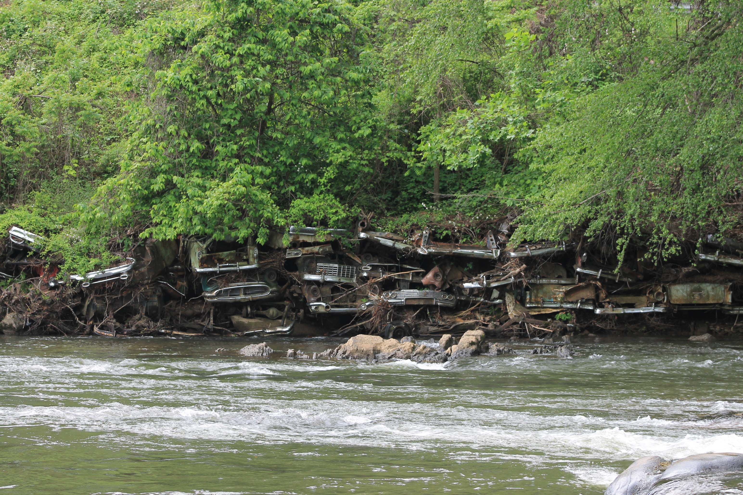 Junked cars are piled along the Tuckasegee River below the train trestle toward Whittier. The cars were used as a form or riprap in the 1950s along several cuts in the river. 