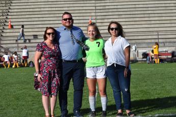 Senior Maddie Lay, team goalie, was among the seniors to take the field Monday evening to be recognized for Senior Night. She’s pictured with family. 