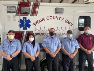 From left: Swain County paramedics Cory Winchester, Kaitlyn Simonds, Jason Dunker, Rusty Wiggins, and Operation Supervisor Brandon Wiggins.