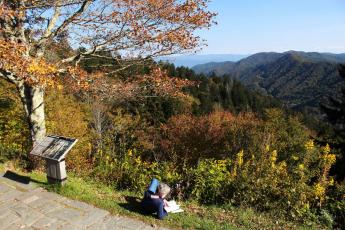 Someone relaxes with a book at an overlook in the fall in the Great Smoky Mountains National Park, which saw record visitors last year.