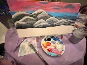 Robin chose a snowy mountain scene for us to paint during last Thursday’s class. 