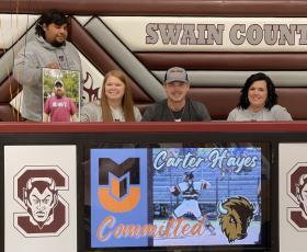 Swain County High School is proud to announce that senior Carter Hayes has signed to continue his baseball career at Milligan University. In his junior season Carter was the Smoky Mountain Conference Player of the Year. He compiled a.440 batting average to go with 23 RBI and an OPS of 1.282 with 24 walks. Hayes was outstanding behind the plate for the Devils, catching every game and flashing gold glove caliber defense. Pictured, Carter (center) is surrounded by his family as he signs.