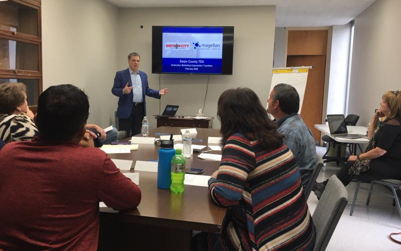Chris Cavanaugh, of Magellan Strategy Group in Asheville, led the board through training on becoming an independent destination marketing organization. 