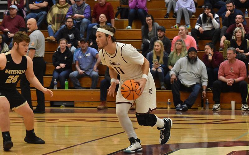 Maroon Devil Aiden Pond looks for his next move down the court in the game against Hayesville Friday.