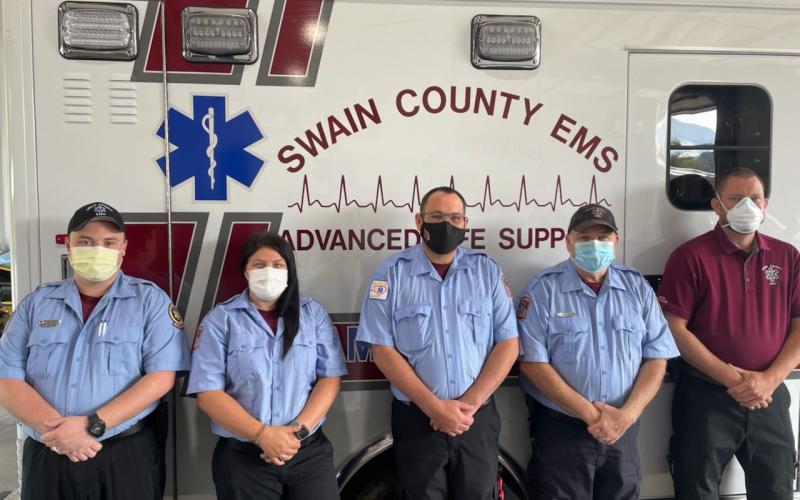 From left: Swain County paramedics Cory Winchester, Kaitlyn Simonds, Jason Dunker, Rusty Wiggins, and Operation Supervisor Brandon Wiggins.