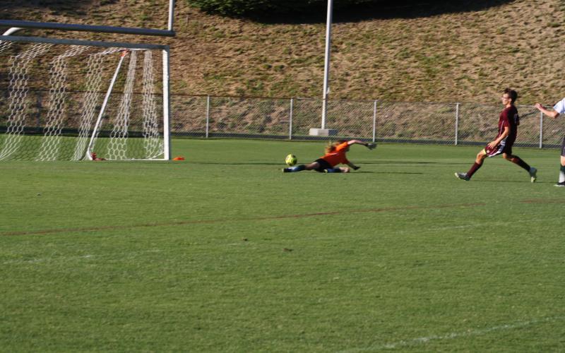 Maroon Devil Matthew Gray shooting just past the goalie for a Devil’s score in the win over Asheville Trailblazers. 