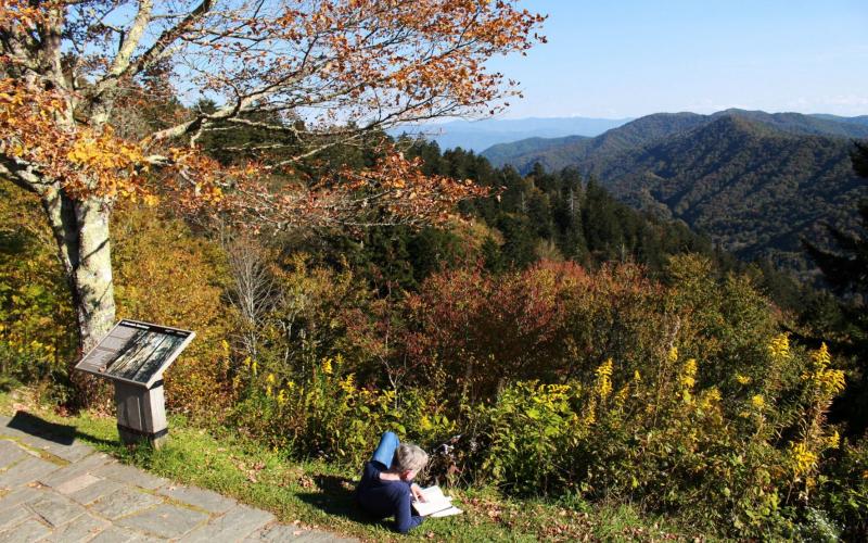 Someone relaxes with a book at an overlook in the fall in the Great Smoky Mountains National Park, which saw record visitors last year.